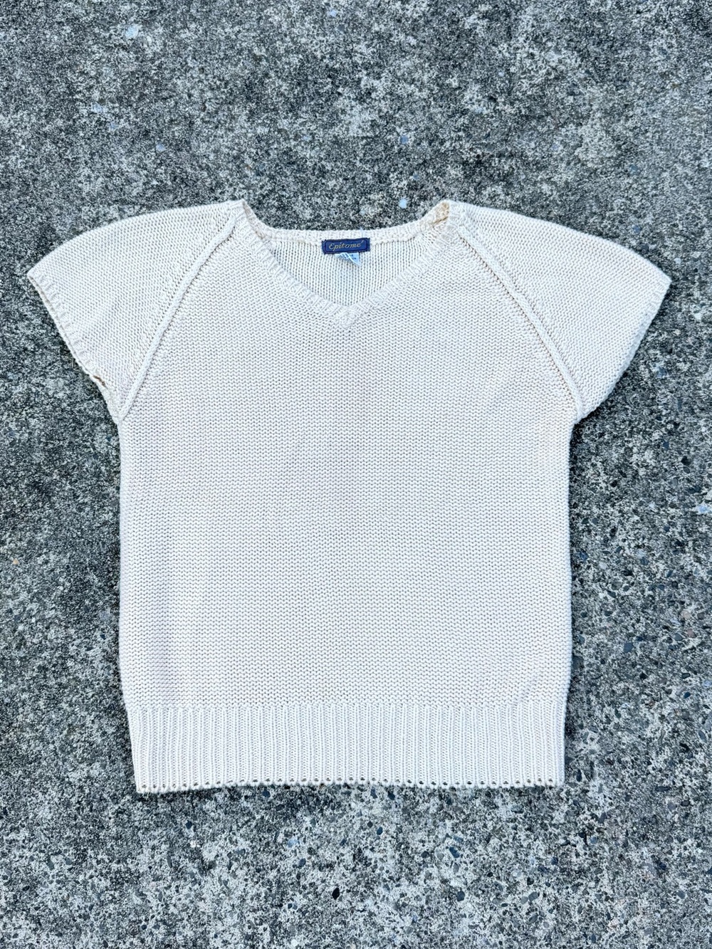 Vintage Epitome Cream Short Sleeve Knit Sweater Top | V-Neck Cap Sleeve M